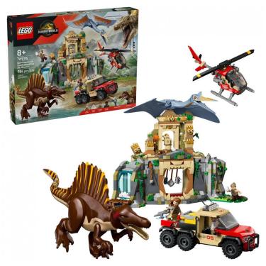 Imagem de LEGO Jurassic World Spinosaurus & Quetzalcoatlus Air Mission conjunto de construção 984 peças com templo, helicóptero e minifiguras