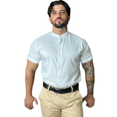 Imagem de Camisa Social Botão Masculina Moda Praia Gola Padre Manga Curta - Mitc