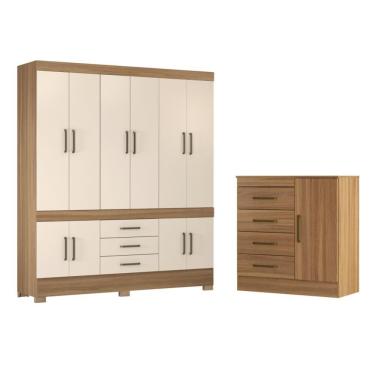Imagem de Conjunto Guarda Roupa Casal e Comoda Emilia 10 Portas Bater 7 Gavetas MDP Amêndola Off White Casa H