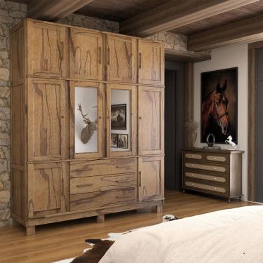 Imagem de Guarda-Roupa Casal Rústico Madeira Maciça 10 Portas 3 Gavetas com Espelho e Pés Castanho - Panorama Móveis