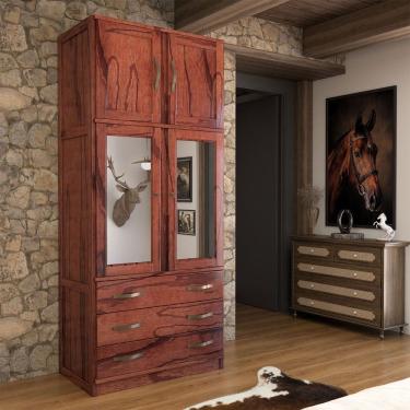 Imagem de Guarda-Roupa Solteiro Rústico 4 Portas 3 Gavetas Madeira Maciça com Espelho Mogano - Panorama Móveis