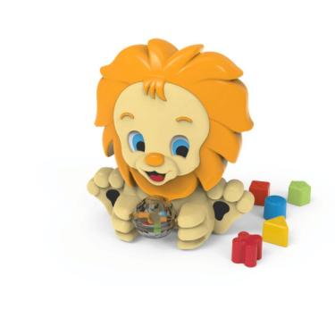 Imagem de Brinquedo Didático Amigo Leão com Formas Geométricas para Encaixar e Esfera Giratória com Sons Amarelo Tateti Brinquedos