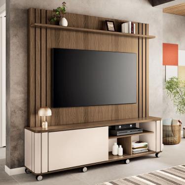 Imagem de Estante Painel Para TV 70 Pol Com Rodízios Linus B01 Castanho Off White - Lyam Decor