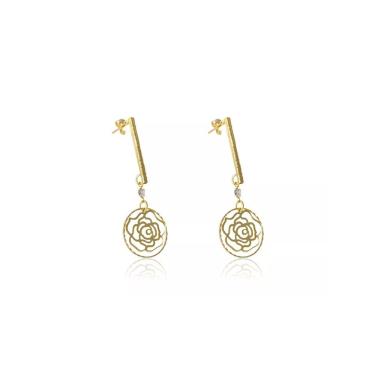 Imagem de Brinco Floratta Joias Médio de Fio Trabalhado e Flor Vazada Folheado a Ouro 18K 4,7CM F...