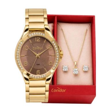 Imagem de Kit Relógio Condor Feminino Dourado Colar Brincos 5ATM 38mm Co2035nbq/