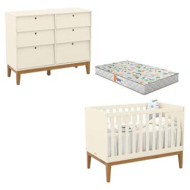 Imagem de Berço Americano e Cômoda 6 Gavetas Unique Off White Eco Wood com Colch