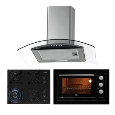 Imagem de Kit Fit Line Fischer: Forno Elétrico Preto Coifa Cooktop 4B Tripla Cha