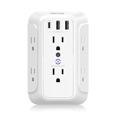 Imagem de [1-Pack] Carregador de parede USB, Protetor de surto, 6 extensor de tomada com 3 portas de carregamento USB (1 tomada USB C,3.4A) 900J Power Strip Mul