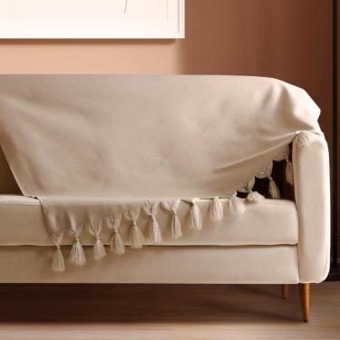 Imagem de Manta Para Sofá Bege Claro Rústica Jacquard 1,80 X 1,40