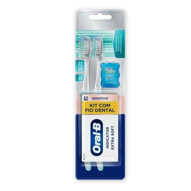 Imagem de Kit Escova Dental Oral-B Sensitive Indicator Extra Macia 2 Unidades + Fio Dental Oral-B Satin Floss - Oral B
