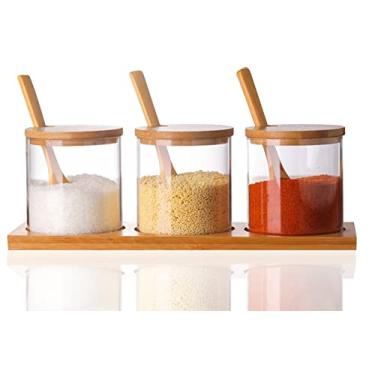 Imagem de Lawei Conjunto de 3 potes de condimento com tampas e colheres – Conjunto de tigelas de açúcar de vidro, conjunto de recipientes de sal de açúcar para servir açúcar, especiarias e sal