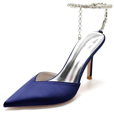 Imagem de Sapatos femininos com franjas e strass para casamento, salto fino, vestido de festa de formatura, Azul-escuro, 11