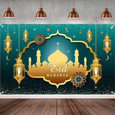 Imagem de Grande decoração de festa Eid Mubarak, banner de fundo verde e dourado Ramadan Mubarak, banner muçulmano Ramadan Photo Booth para decoração interna e externa Eid Mubarak