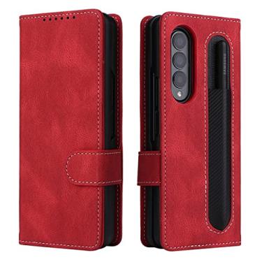 Imagem de Estojo de couro destacável carteira capa para telefone para Samsung Galaxy Z Fold 3 Z Fold 4 5g Luruxy 2 em 1 flip magnético com suporte para caneta, vermelho, para galaxy Z FOLD 3