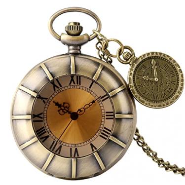 Imagem de CNBPIC Colar de Bronze Relógio de Bolso Algarismos Romanos exibir Capa Pingente Quartzo Relógio de Bolso
