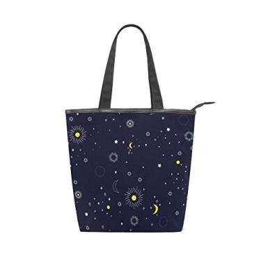 Imagem de Bolsa feminina de lona durável espaço sol e estrelas azul marinho grande capacidade sacola de compras bolsa de ombro