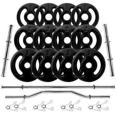 Imagem de Kit 24Kg Anilhas Emborrachadas Pretas com Barras de 40cm e 1,50m + Barra W 1,20m-Unissex