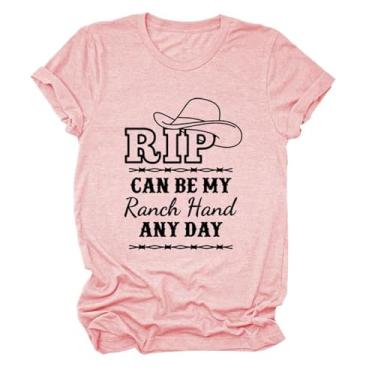 Imagem de Rip Can Be My Ranch Hand Any Day Camiseta feminina com padrão de chapéu jeans engraçado com dizeres estampados camisetas country music pulôver tops, rosa, 3G