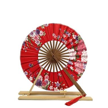 Imagem de Leque dobrável japonês Sakura flor bolso ventilador de mão dobrável círculo redondo decoração de festa presente moinho de vento ventilador dobrável de bambu acessórios decorativos feitos à mão (cor: 04)