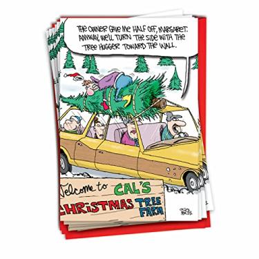 Imagem de NobleWorks - 12 cartões de feliz Natal em caixa a granel - Papelaria de feliz feriado de desenho engraçado, conjunto de cartões de notas hilários (1 design, 12 cartões) - Tree Farm Tree Hugger B5807