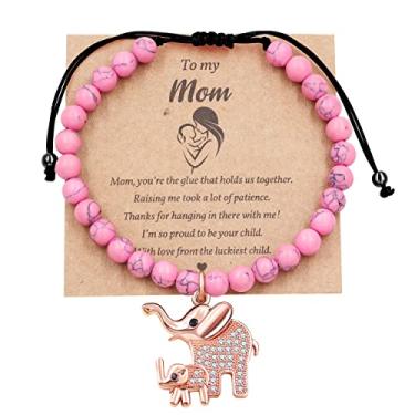Imagem de Pulseira de ágata fosca com contas de ônix/turquesa, pulseira de elefante Good Luck Mom e bebê, To My Mom, presente para o dia das mães da filha, 7 inch, Pedra, Zircônia cúbica