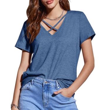 Imagem de Esobo Camisetas femininas de verão 2024, soltas, manga curta, casual, básica, gola V, corte baixo, sexy, cruzada, linda camiseta, Jeans azul, P