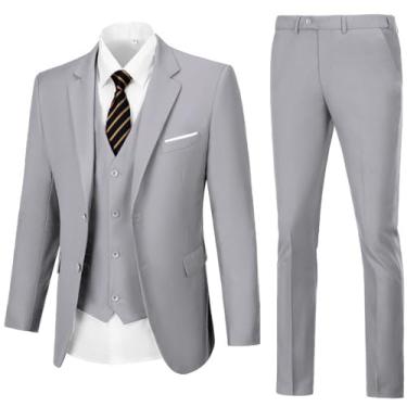 Imagem de Terno masculino 3 peças slim fit blazer colete calça conjunto terno terno para homens formal, Cinza claro, 3X-Large