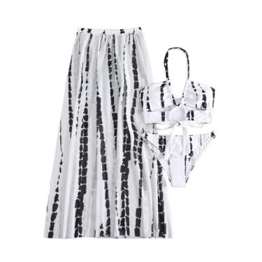 Imagem de SOLY HUX Biquíni feminino tie dye frente única maiô de verão com saída de praia conjunto de 3 peças, Preto e branco, G