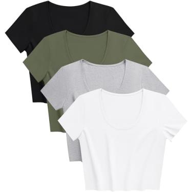 Imagem de Pacote com 4 camisetas femininas básicas de algodão slim manga curta gola redonda para mulheres, Preto, branco, cinza, verde militar, Small Short