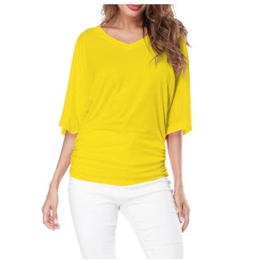 Imagem de Lainuyoah Camisa feminina de verão, plus size, moderna, sexy, casual, solta, manga 3/4, túnica elegante com asa de morcego, blusa plissada, A - amarelo, M