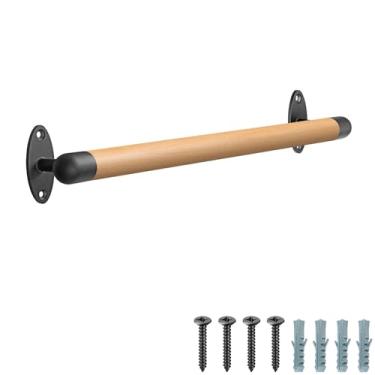 Imagem de SELEWARE Corrimão de madeira de 66 cm corrimão de escadas internas corrimão de montagem na parede com barras de metal resistente, barra de apoio de escada sem barreiras para idosos, 3,5 cm redondo