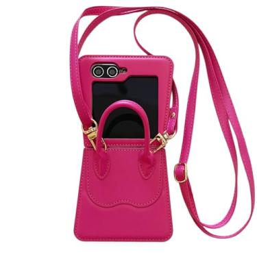 Imagem de NiceKing Capa para Samsung Galaxy Z Flip 6 de couro de luxo com cordão transversal capa flip para celular Galaxy Z Flip6 lindas meninas mulheres Samsung Flip Z6 capa protetora rosa vermelha
