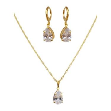Imagem de Conjunto Colar Brinco Pedra Cristal Zirconia Folheado Ouro 18k Antialérgico