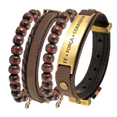 Imagem de GRANADO ACESSÓRIOS, Conjunto KIT 04 Pulseiras de Couro Marrom FÉ + FORÇA + CORAGEM com Esferas Naturais com Fecho Strap Plug Ajustável - AM