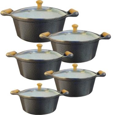 Imagem de Jogo 5 Panelas Cerâmica Antiaderente Aluminio Fundido Com Cabo de Madeira Tampas Em Vidro Temperado