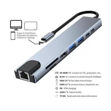 Imagem de Hub Adaptador USB Tipo C para HDMI 8 em 1 Lan 100mbps
