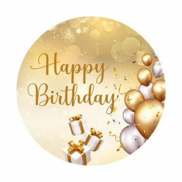 Imagem de Painel de Tecido Sublimado Redondo Happy Birthday Dourado Brilho Prese