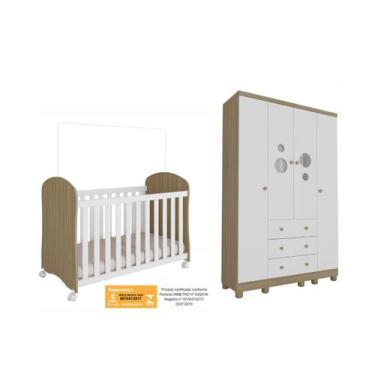 Imagem de Berço minicama e Guarda Roupa Bolinha Moveis Peroba 4 portas, Branco C