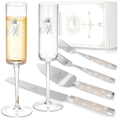 Imagem de iooiluxry Conjunto de facas e serventes para chá de panela, taças de champanhe Sr. e Sra. Conjunto de taças de champanhe com garfos e corte de bolo para presentes de casamento (prata)