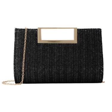 Imagem de LUI SUI Bolsa feminina de palha com alça superior para verão, bolsa de noite, ráfia, transversal, bolsa de praia, Preto, One Size