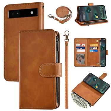 Imagem de Furiet Capa carteira para Google Pixel 6A 5G 2022 com alça de pulso e alça de ombro flip de couro PU elegante 6+ porta-cartões com suporte para dinheiro, acessórios de celular para Pixel6A A6 mulheres
