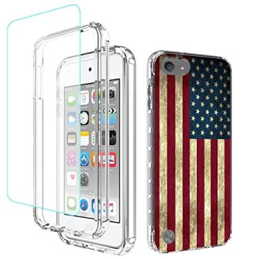Imagem de Bohefo Capa para iPod Touch 6/Touch 5/Touch 7 com protetor de tela de vidro temperado, capa protetora para celular à prova de choque floral de corpo inteiro para iPod Touch 7 (bandeira)