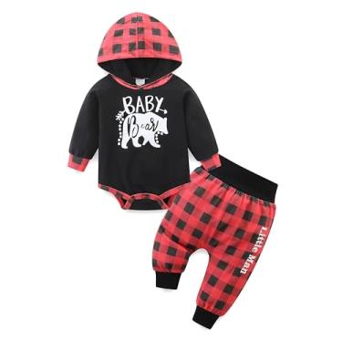 Imagem de Conjunto de 2 peças de moletom com capuz xadrez de manga comprida e estampa de letras para bebês recém-nascidos, Estampa de bebê, preto e vermelho, (6-9)months