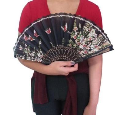 Imagem de Leque preto Personalizado Japones com flores Estilo Oriental - leque m