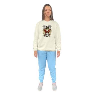 Imagem de Conjunto de Moletom Feminino Blusa Sem Capuz e Calça Jogger Estampado 