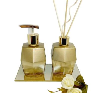 Imagem de Kit Lavabo OURO Madeira 250ml Aromatizador Porta Sabonete Bandeja - Am