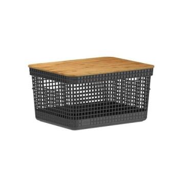 Imagem de Cesto Organizador Grid Tampa Bambu Preto 8 Litros 29X23x15.6Cm - Ou