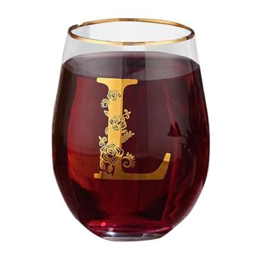 Imagem de Taça de vinho com monograma floral sem haste exclusiva gravada com inicial para tinto ou branco 425 g copo de vinho letra L - presentes para mulheres, homens, presentes de aniversário, Natal,