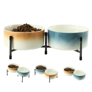 Imagem de Conjunto de 2 tigelas de cerâmica para cães e gatos de 947 ml com suporte de metal elevado - Conjunto de pratos redondos de cerâmica de 15 cm para alimentos e água para animais de estimação - Azul