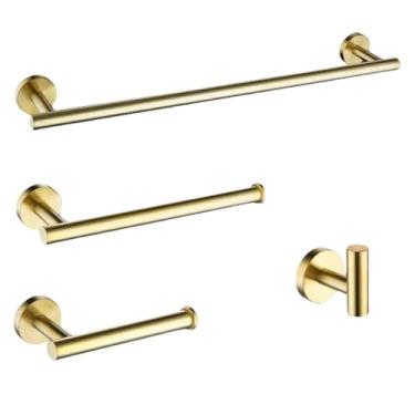 Imagem de Barra de toalha de mão de parede de aço inoxidável escovado, suporte para papel higiênico, ganchos para toalhas, acessórios para cozinha e banheiro, conjunto redondo, dourado, 4 peças